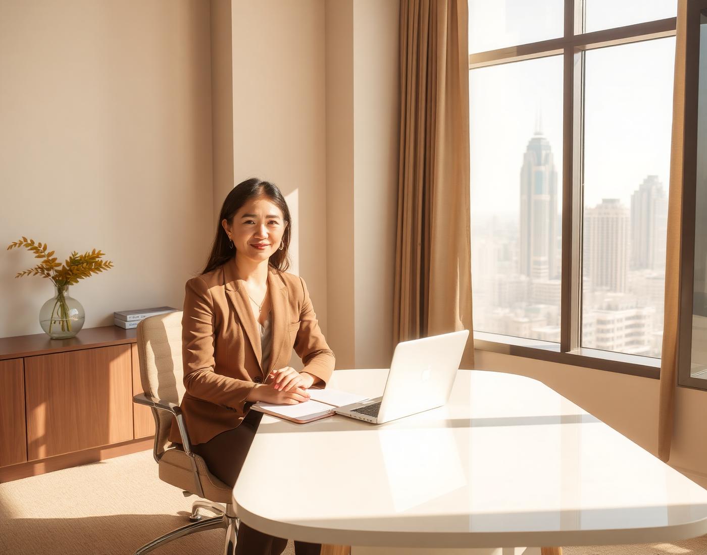 A Dohome advisor in a Doha office overlooking the skyline